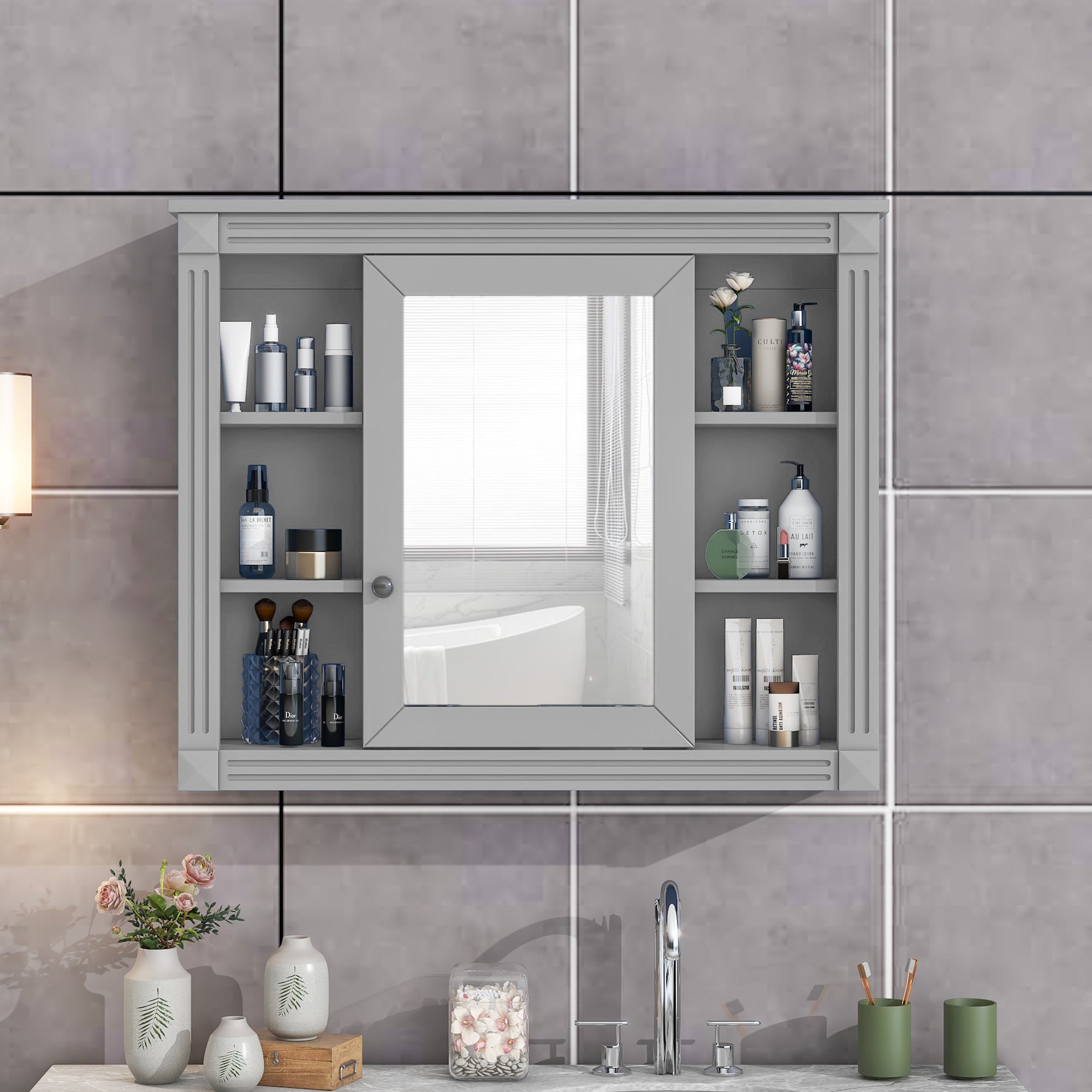 35'' x 28'' Wall Mounted Bathroom Storage Cabinet, Medicine Cabinet, Modern Bathroom Wall Cabinet with Mirror, Mirror Cabinet with 6 Open Shelves (Not Include Bathroom Vanity )