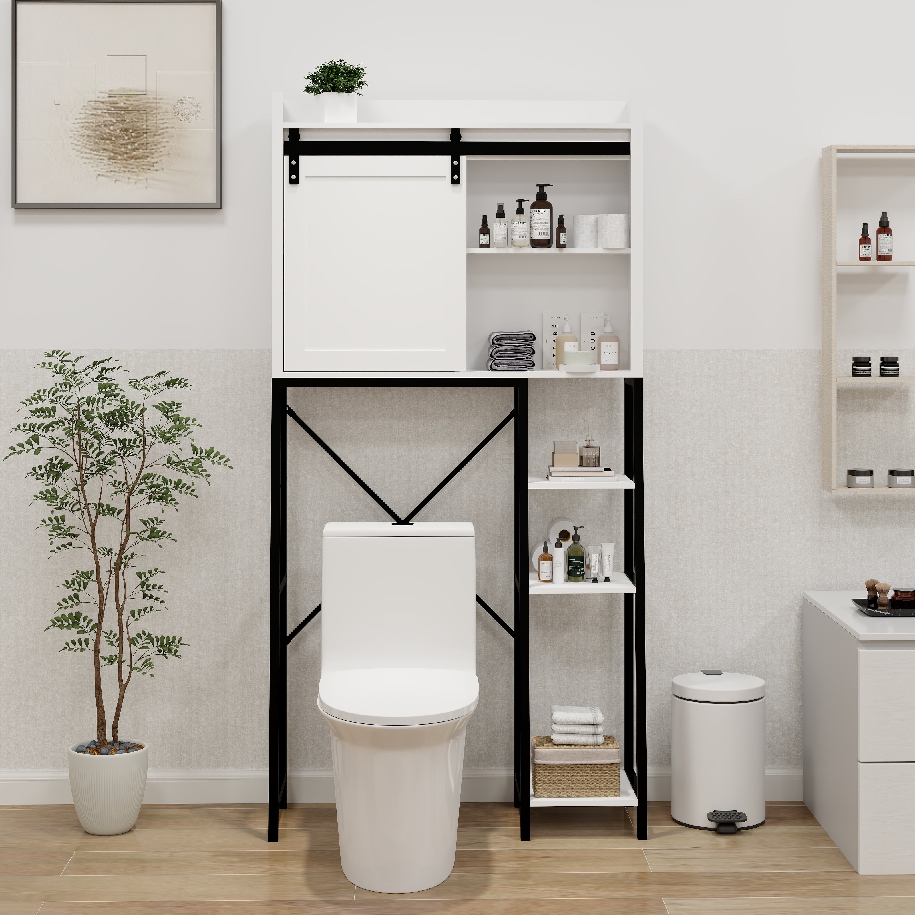 Over The Toilet Storage Cabinet, Bathroom Shelves Over Toilet with Sliding Barn Door,Adjustable Shelves and Side Storage Rack-White