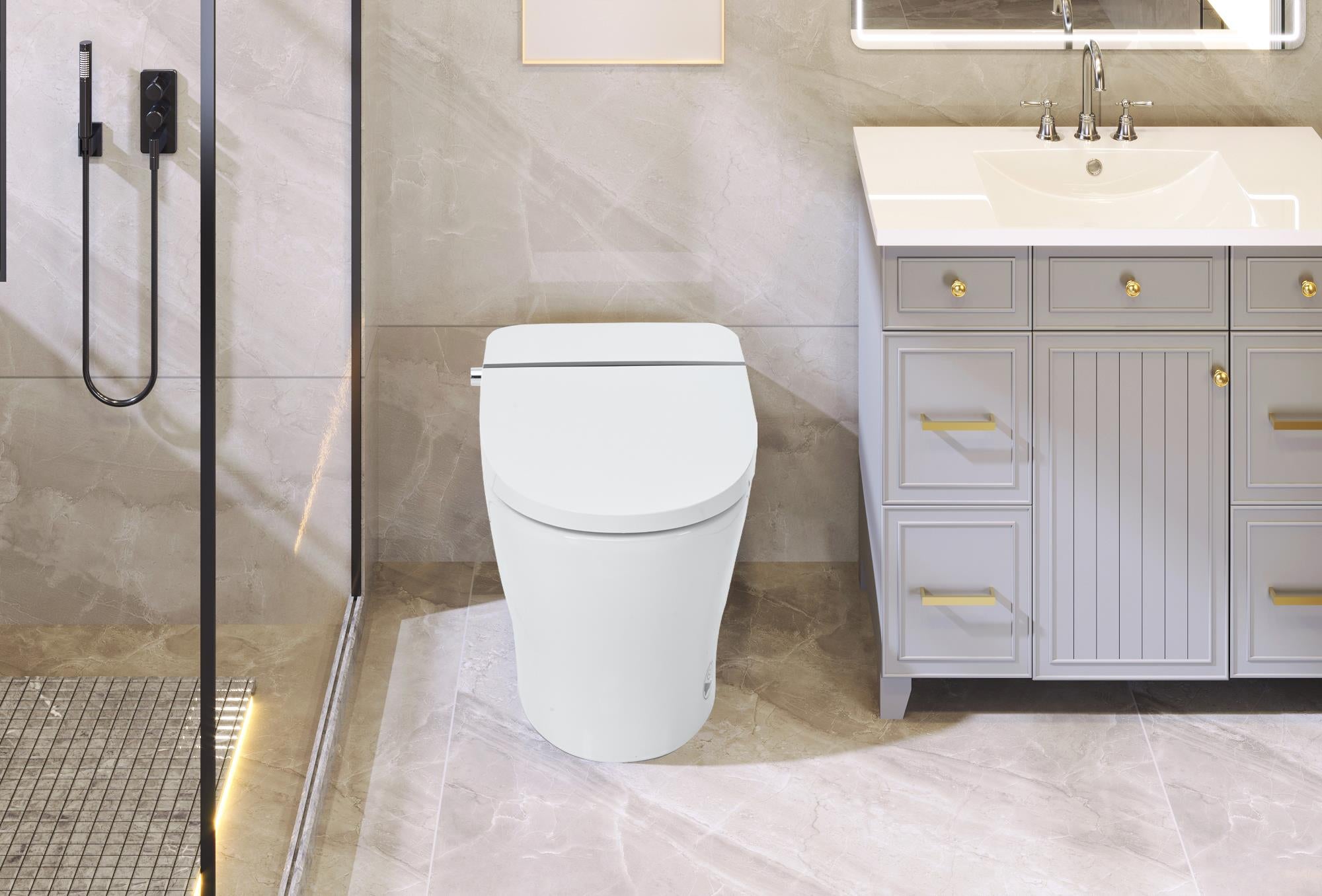 Heated Seat Smart Toilet  without Bidet, Upmarket Compact Dual Flush Toilet 1/1.28 GPF, Tank less toilet with Adjustable Temp Heated Seat, Foot sensor Flush, White Night Light, Knob Control, Power Out