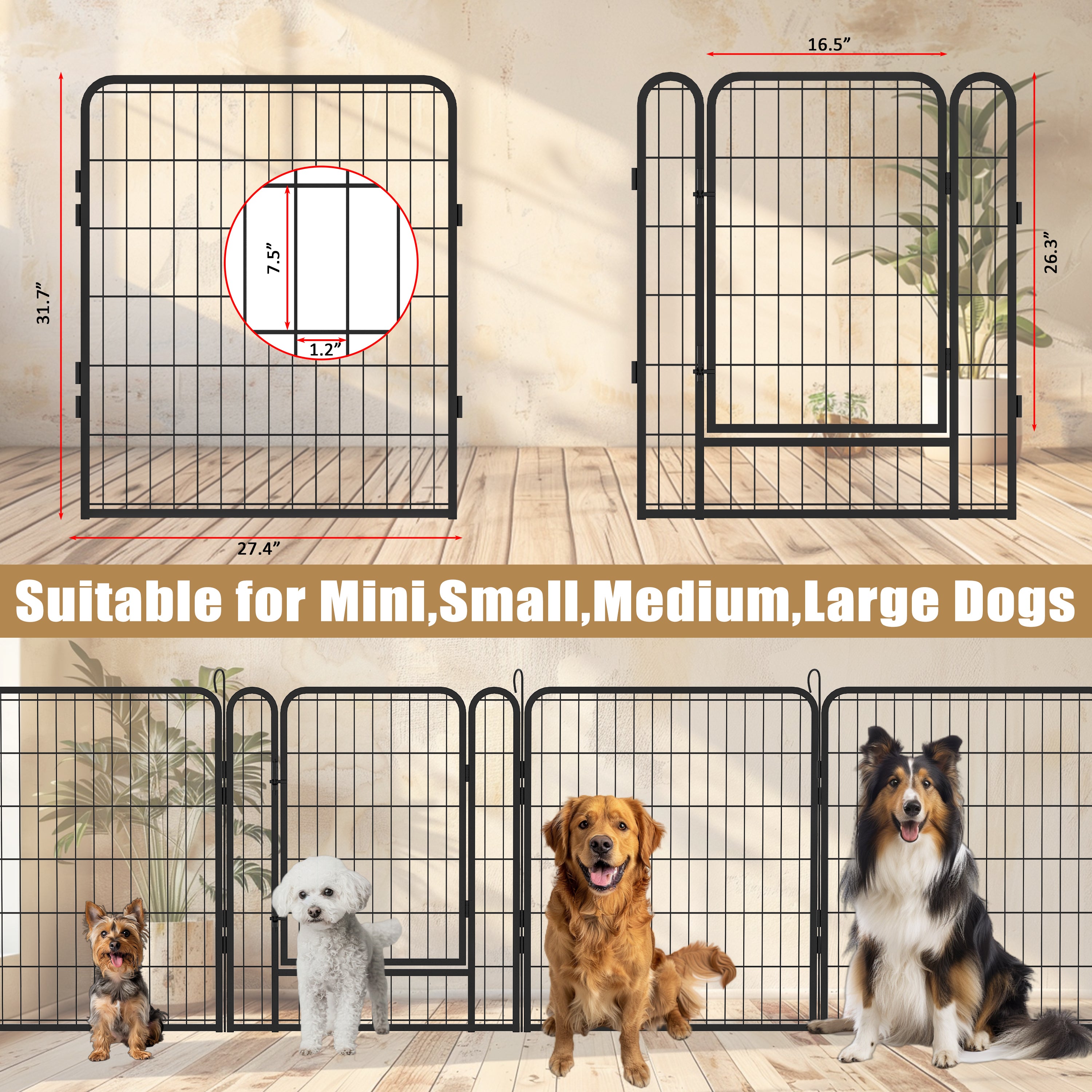 16 Panels Heavy Duty Metal Playpen with door,31.7"H Dog Fence Pet Exercise Pen for Outdoor