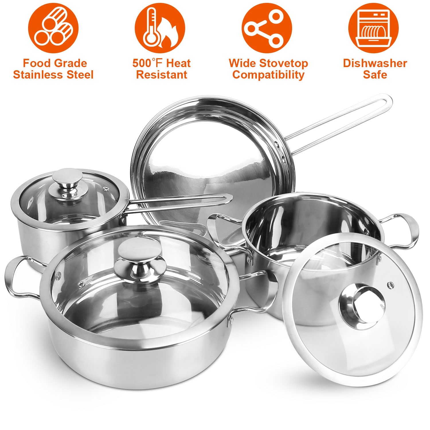 Stainless Steel Cookware Set Fast Even Heat Induction Pots Pans Set Dishwasher Safe with 2.7/3.7 Quart Stockpot 2 Quart Saucepan 9.17in Frying Pan（No shipments on weekends）