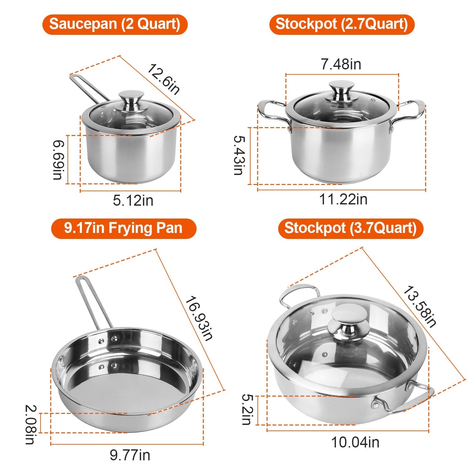 Stainless Steel Cookware Set Fast Even Heat Induction Pots Pans Set Dishwasher Safe with 2.7/3.7 Quart Stockpot 2 Quart Saucepan 9.17in Frying Pan（No shipments on weekends）