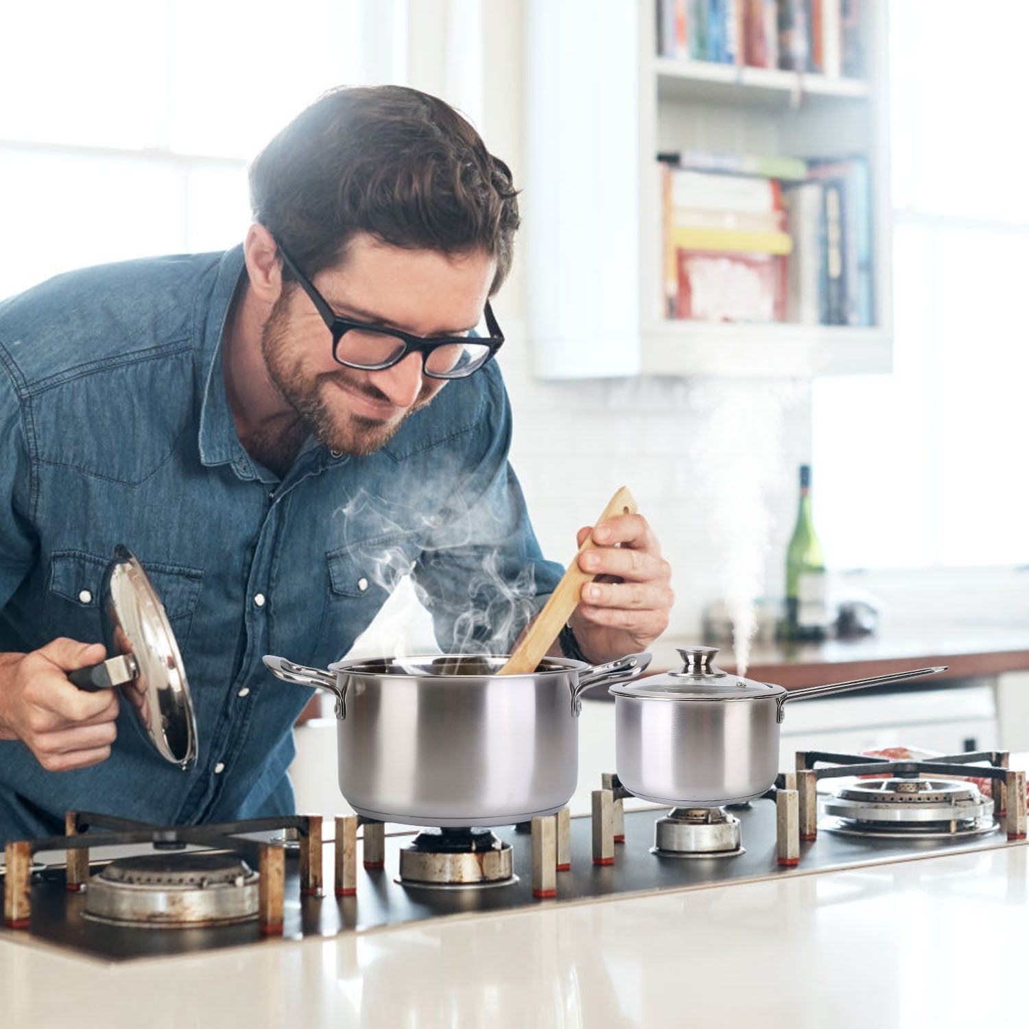 Stainless Steel Cookware Set Fast Even Heat Induction Pots Pans Set Dishwasher Safe with 2.7/3.7 Quart Stockpot 2 Quart Saucepan 9.17in Frying Pan（No shipments on weekends）