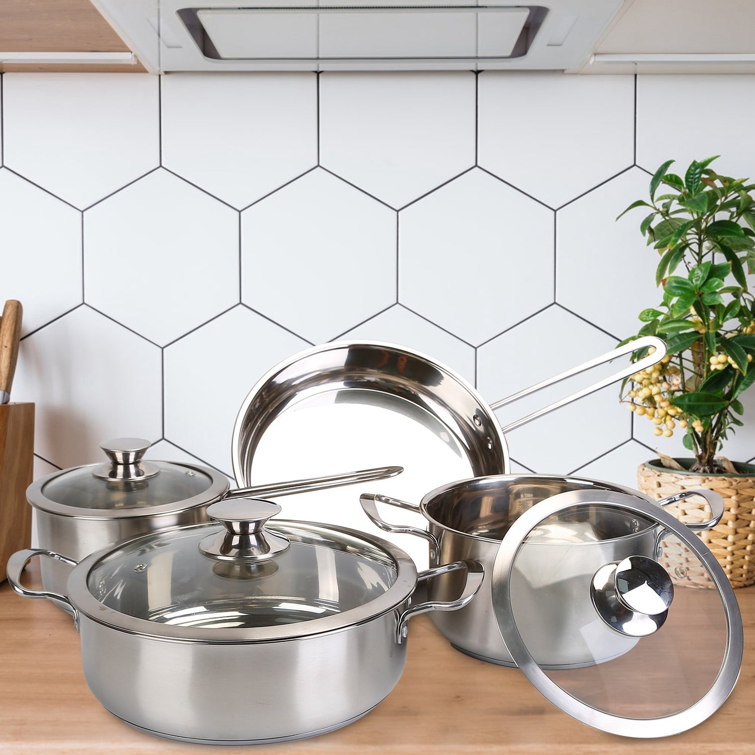 Stainless Steel Cookware Set Fast Even Heat Induction Pots Pans Set Dishwasher Safe with 2.7/3.7 Quart Stockpot 2 Quart Saucepan 9.17in Frying Pan（No shipments on weekends）