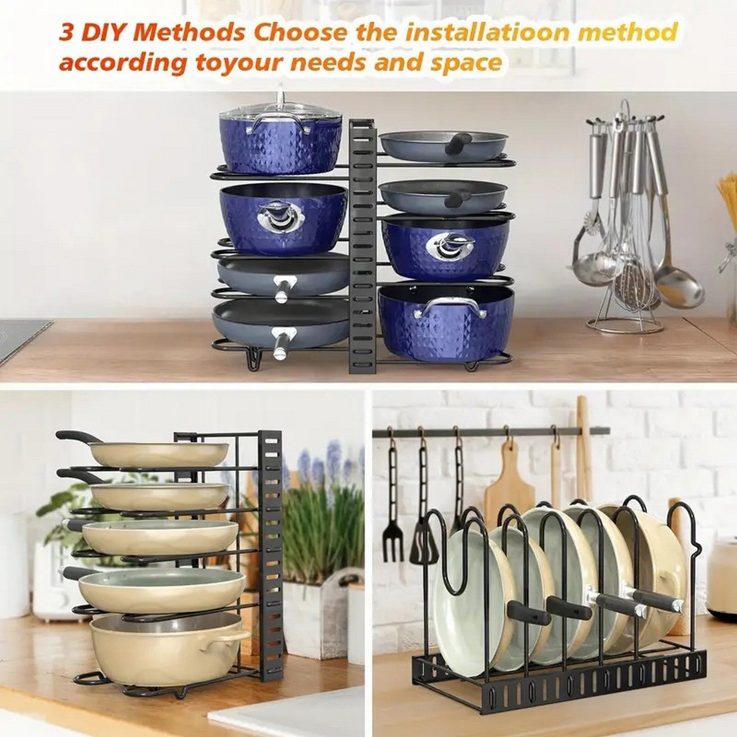 8 Tier Pot and Pan Organizer Rack for Cabinet With 3 DIY Methods, Adjustable Organizer for Pots, Pans and Lids(No shipments on weekends, banned from Amazon)