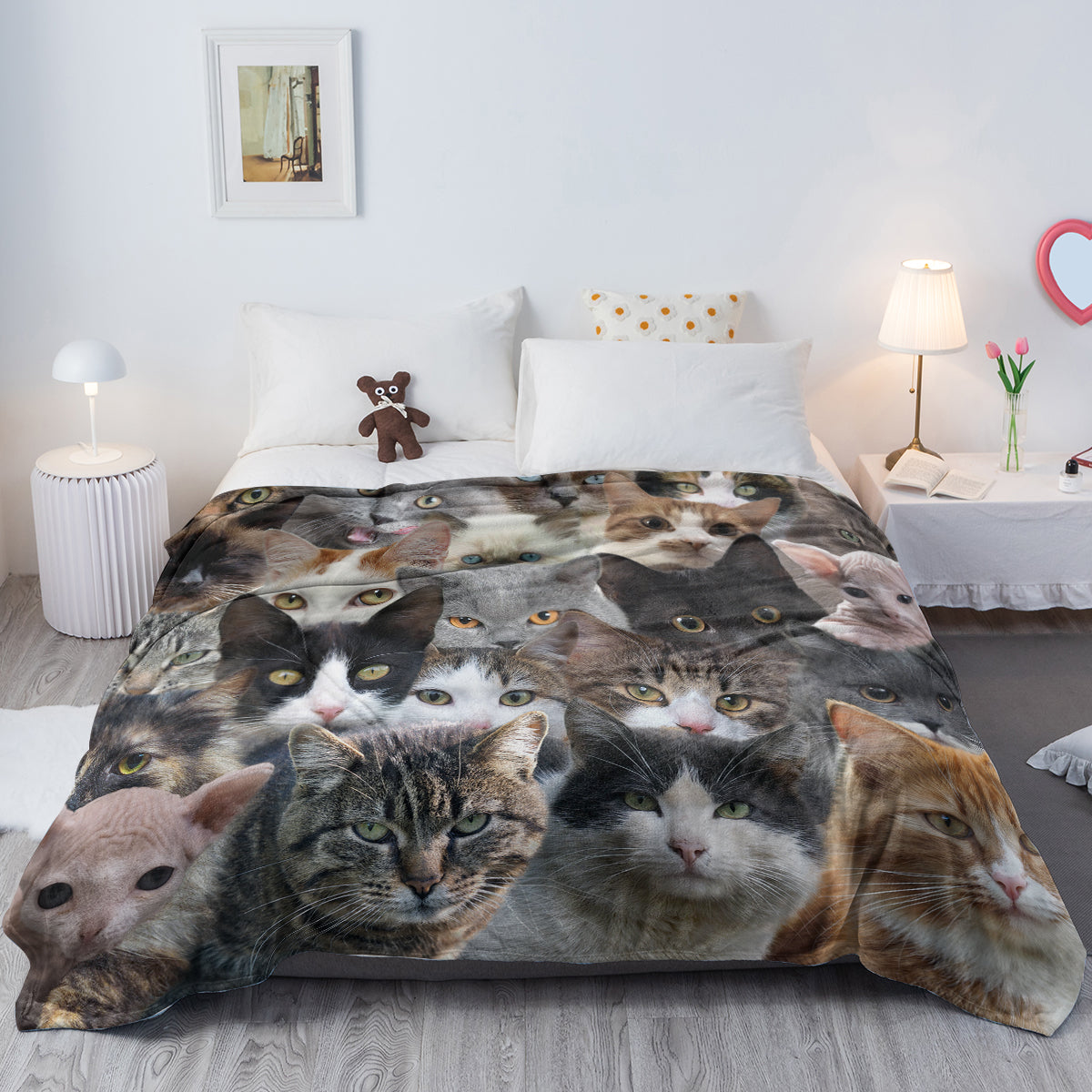 Cat Printed Flannel Throw Blanket Cat Lover Gifts for Women Kitten Blanket Throw for Bedroom Sofa Couch Cute Cat Design Soft Warm Flannel Blanket 130X150cm