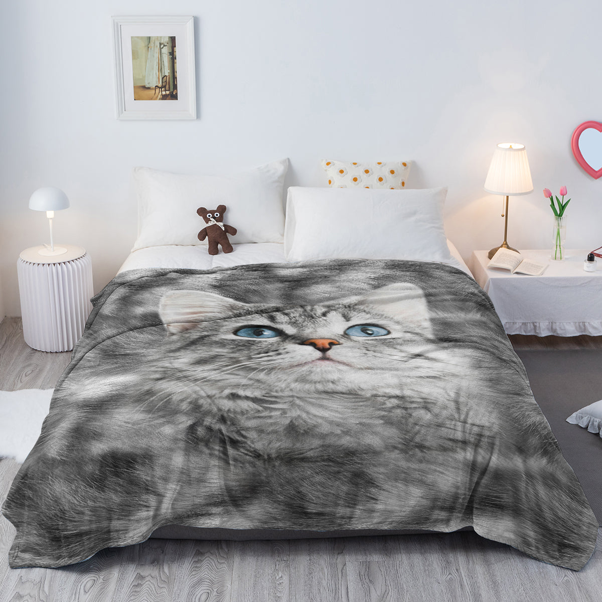 Cat Blankets for Cat Lovers Cute Cat Blanket for Girls Women Fleece Cat Flannel Throw Blanket Black and White Cat Print Blanket Fuzzy Cat Blanket Throw 130X150cm