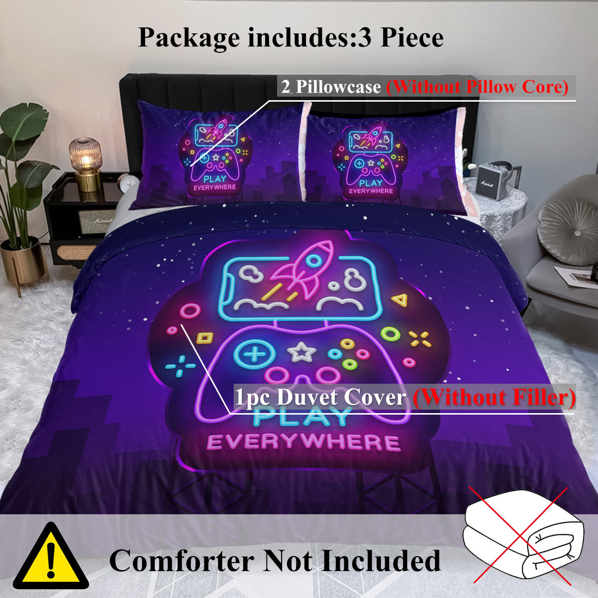 3Pcs Trippy Neon Gamepad Duvet Cover Set Twin for Gamer Soft Bedding Set