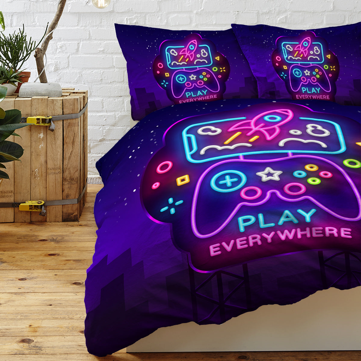 3Pcs Trippy Neon Gamepad Duvet Cover Set Twin for Gamer Soft Bedding Set