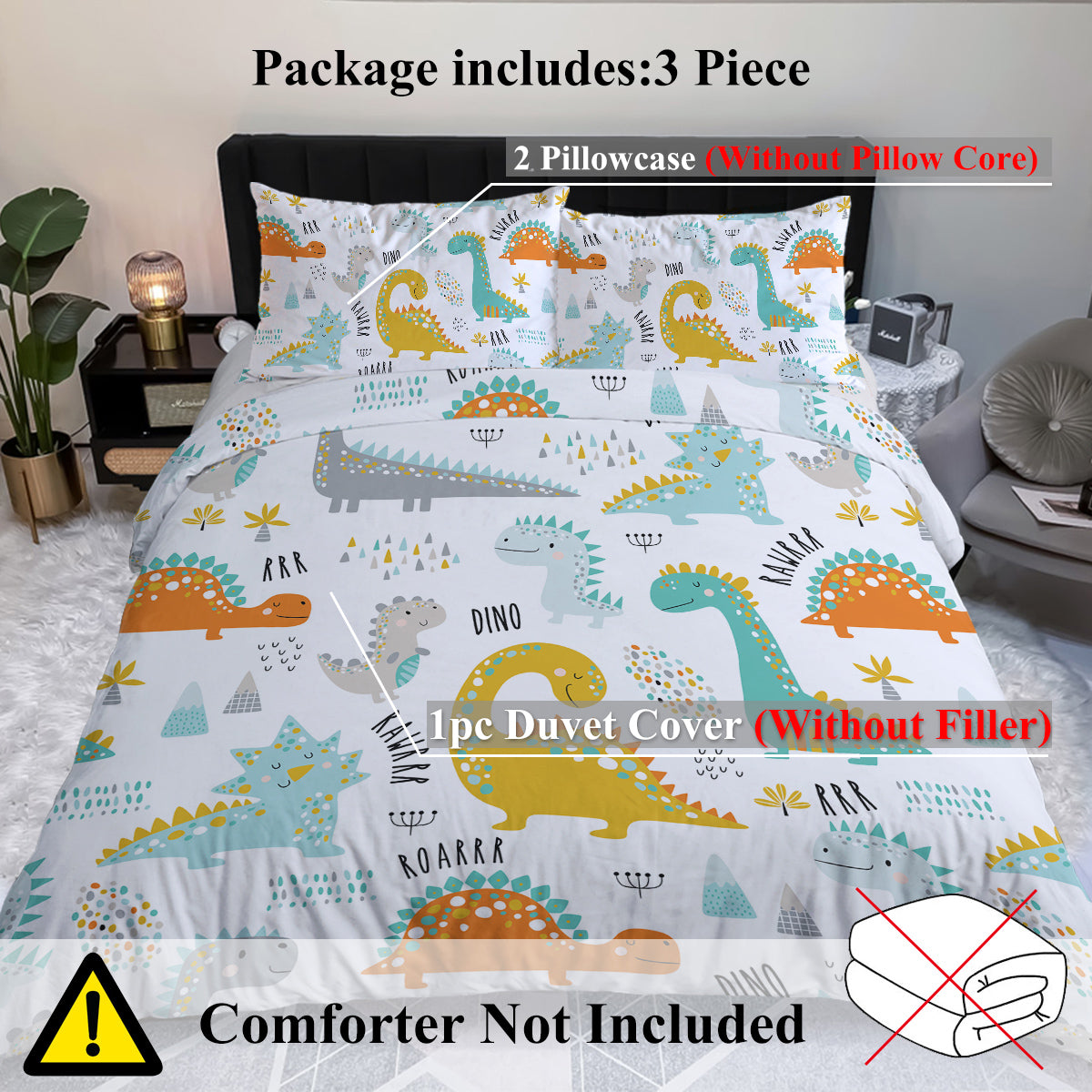 3Pcs Dinosaur Twin soft Duvet Cover set for Comforter bedding Cover for Kid Gift