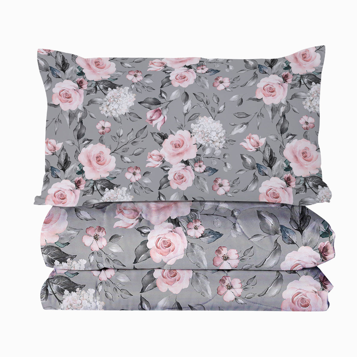 Pink Floral Comforter Set - Vintage Aesthetic Rose Floral Bedding with Botanical Leaf Print Pattern Modern Trendy Flower Bed Set for Teens Girls Kids（Grey Green) Twin Full Queen King Size