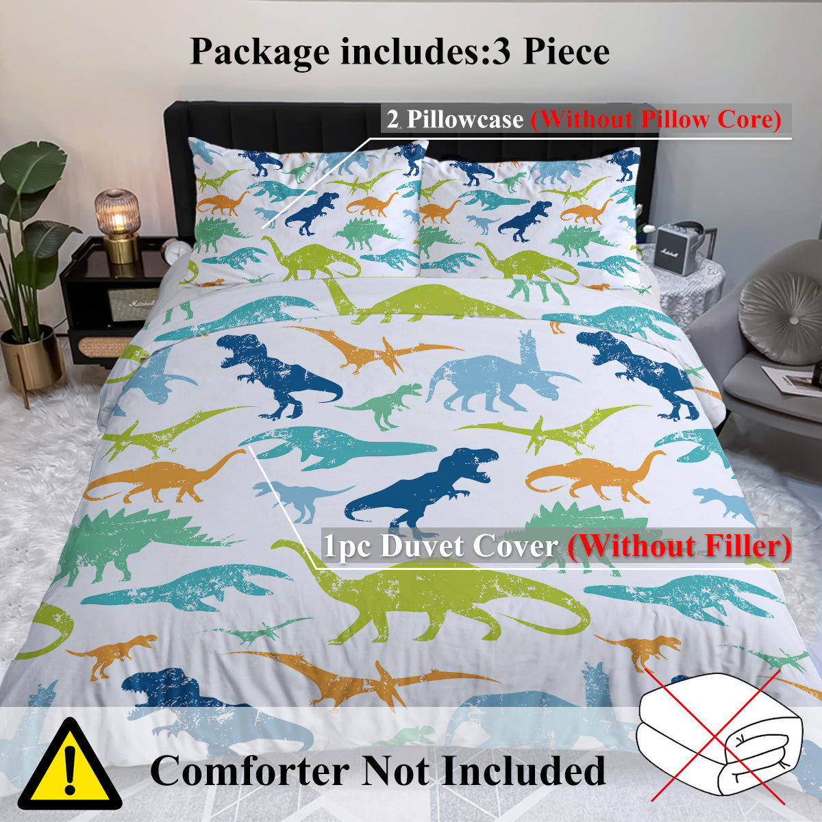 3Pcs Dinosaur Ultra Soft Bedding Set Duvet Cover Set for Comforter Gift Twin