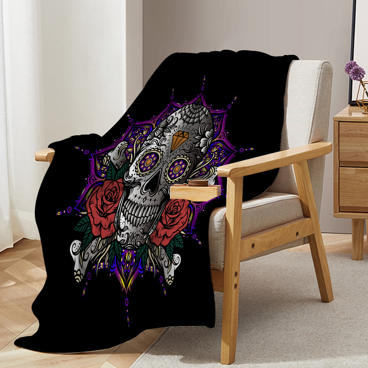 3D Rose Skull Flannel Throw Blanket Fluffy Skull Blanket for Women Adult Men Mandala Skull Blanket Candy Skull Throw Blanket Skull Gifts 130X150cm