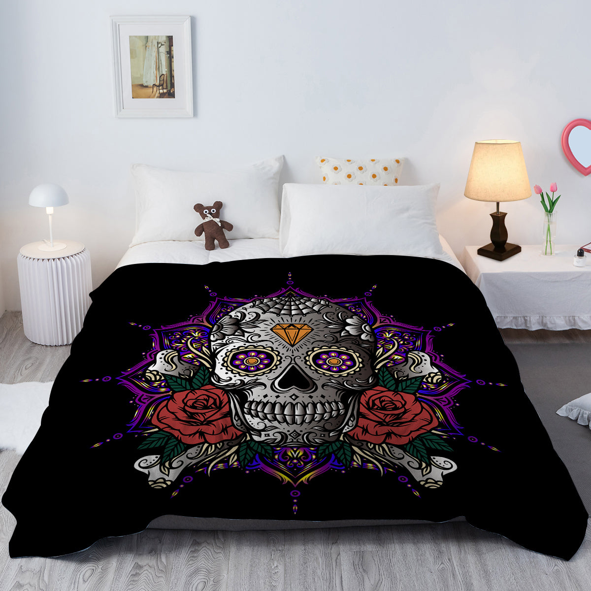 3D Rose Skull Flannel Throw Blanket Fluffy Skull Blanket for Women Adult Men Mandala Skull Blanket Candy Skull Throw Blanket Skull Gifts 130X150cm