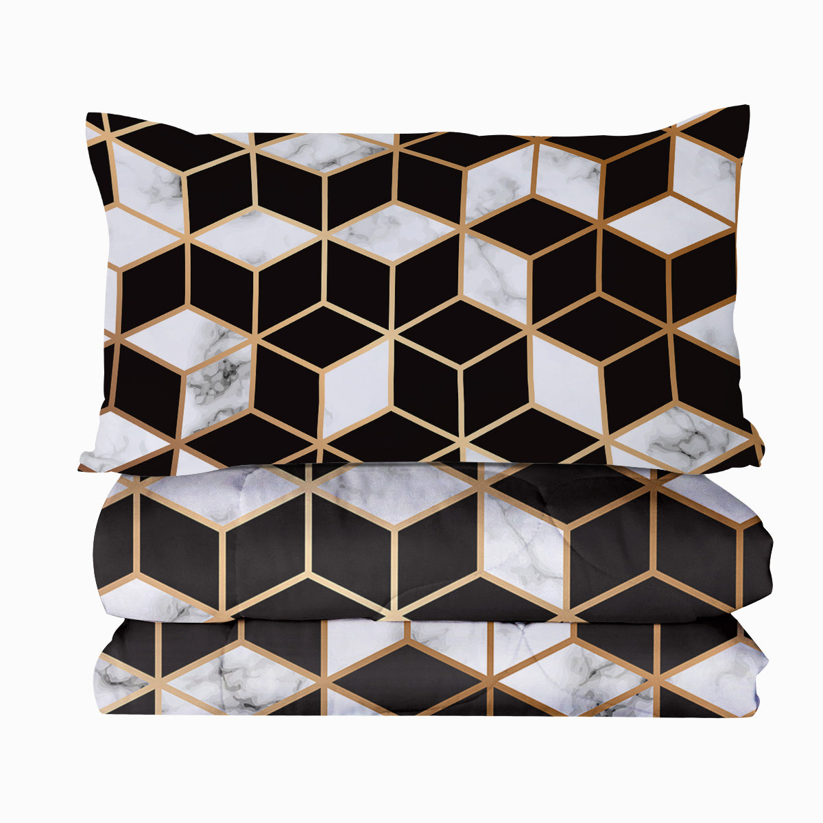 3PCS Comforter Geometric Cube Bedding Set Queen Size Black White Gold Reversible