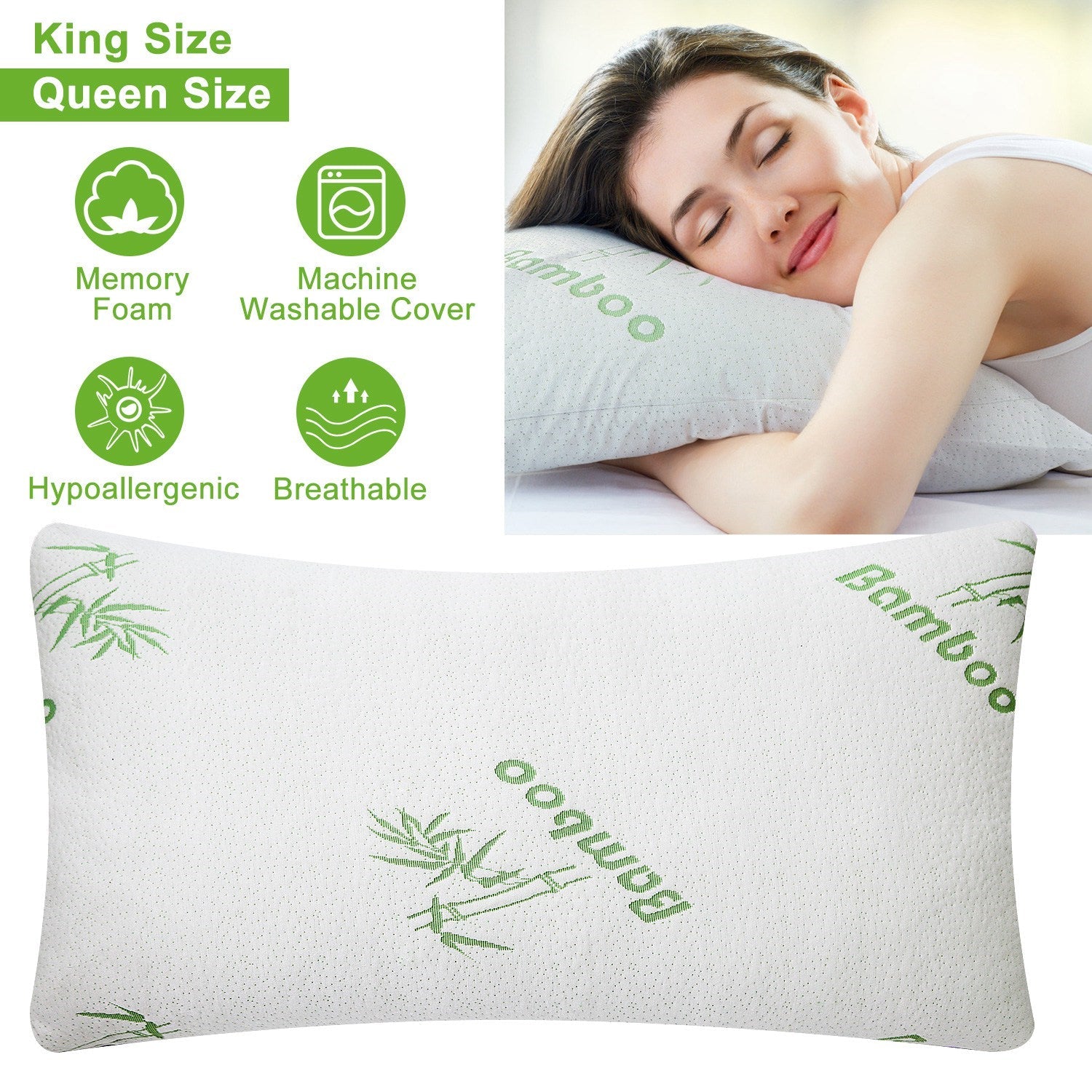 2 pack Bamboo Memory Foam Pillow Hypoallergenic Bed Pillow For Head Neck Rest Sleeping Shredded Pillow Washable Cover Queen Size Pillow