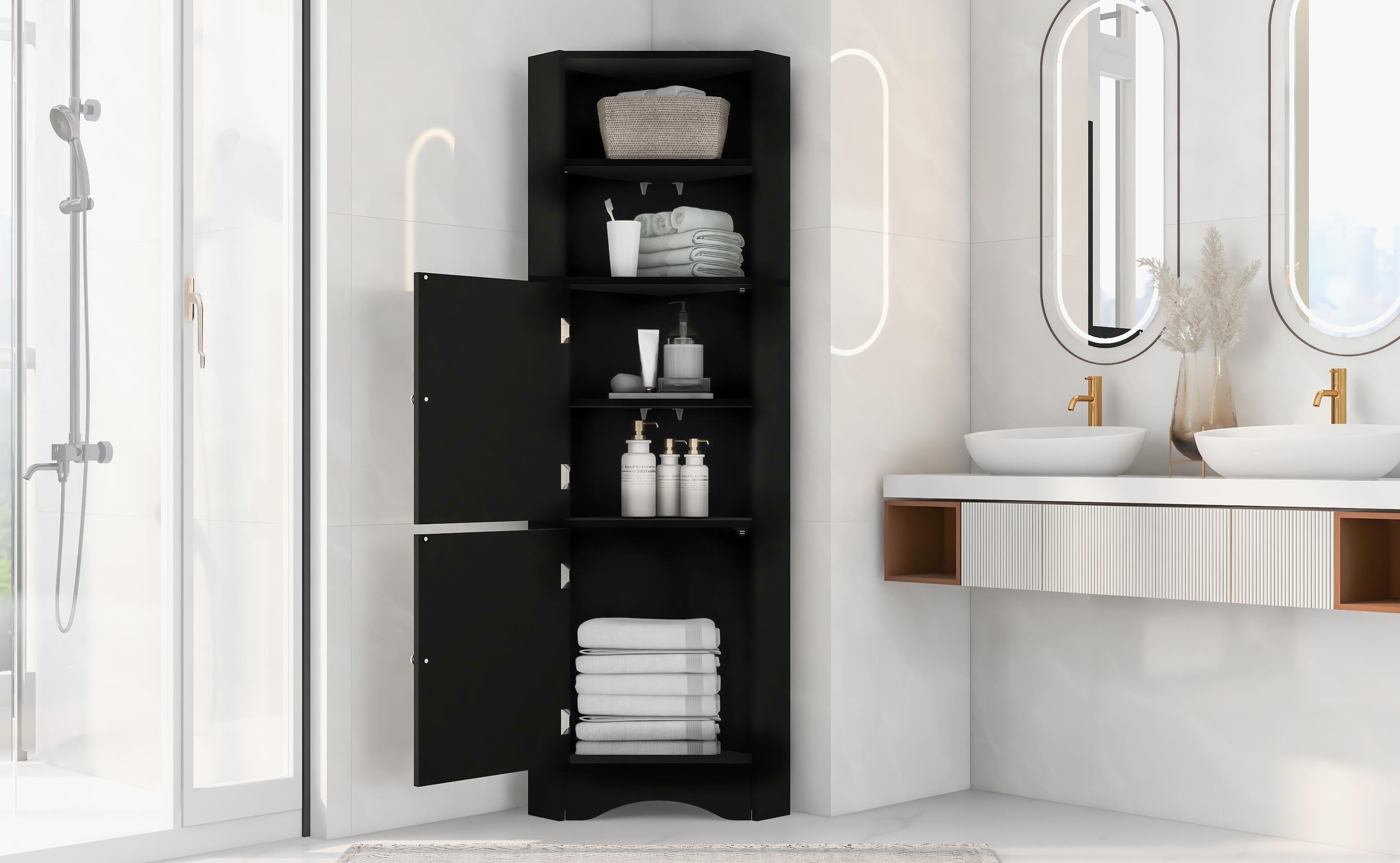 Tall Bathroom Corner Cabinet,  Storage Cabinet with Doors and Adjustable Shelves, MDF Board, Black