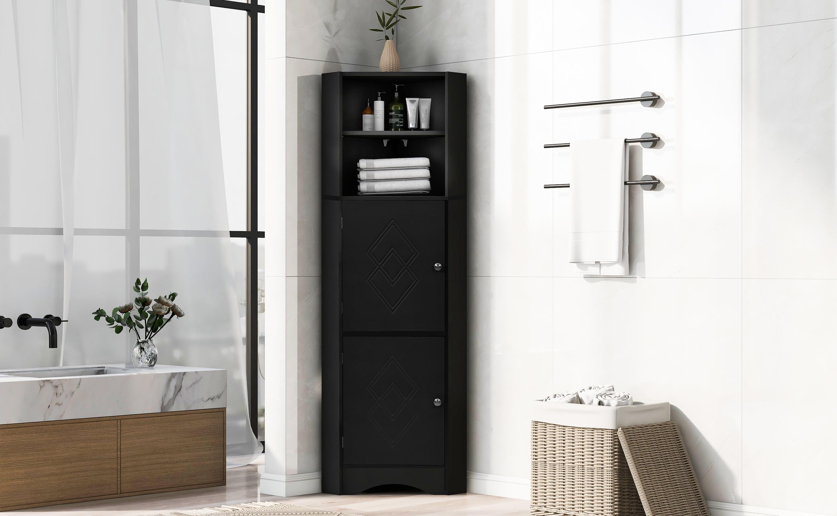 Tall Bathroom Corner Cabinet,  Storage Cabinet with Doors and Adjustable Shelves, MDF Board, Black