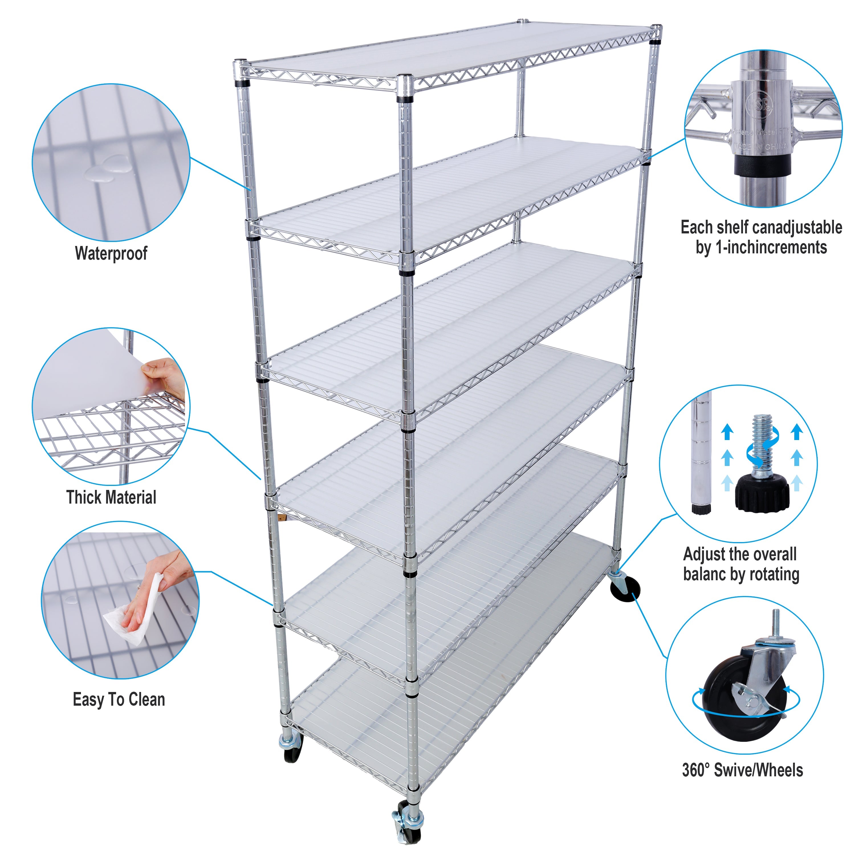 6 Tier 6000lbs Capacity NSF Metal Shelf Wire Shelving Unit, Heavy Duty Adjustable Storage Rack with Wheels & Shelf Liners for Commercial Grade Utility Steel Storage Rack, chrome- 82"H x 48"L x 18"D