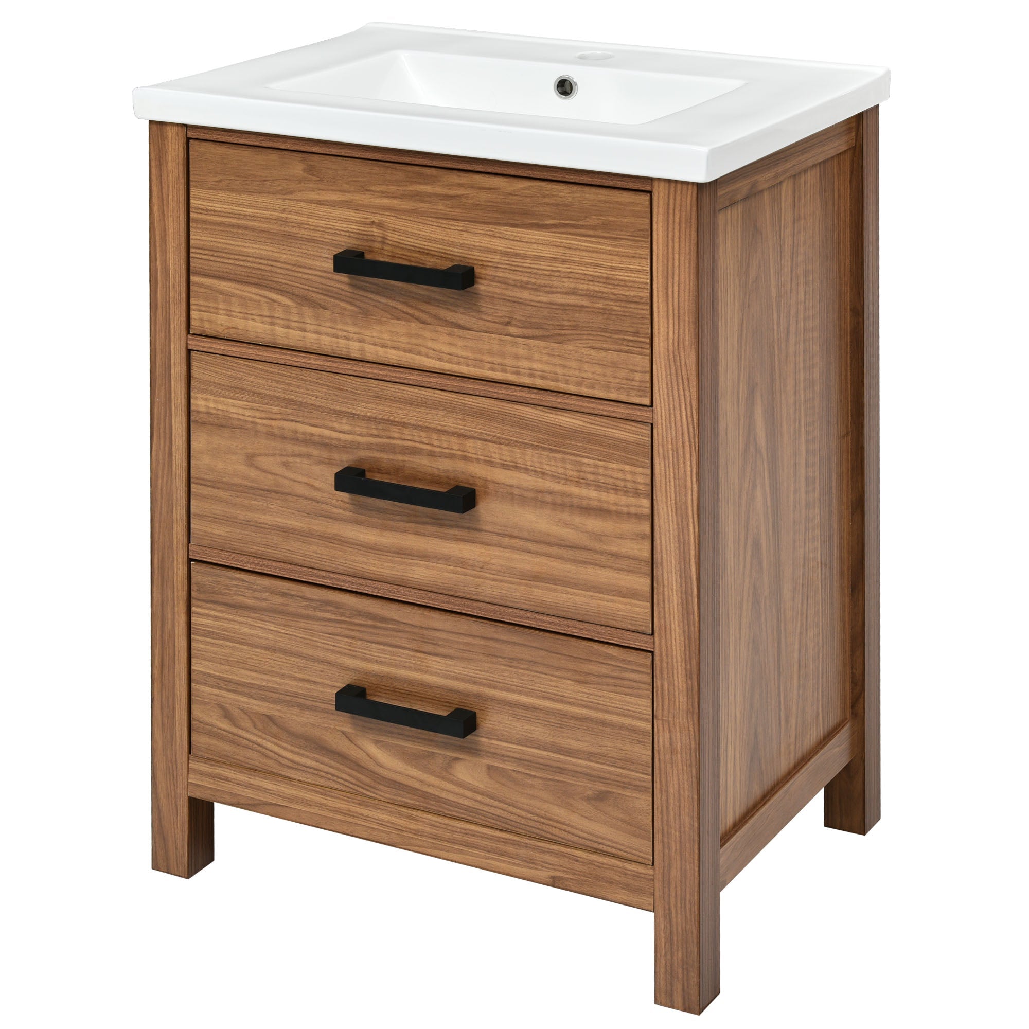 24'' Bathroom Vanity with Ceramic Basin Sink, Modern Bathroom Storage Cabinet with 3 Drawers,  Bathroom Vanity Cabinet with Single Sink