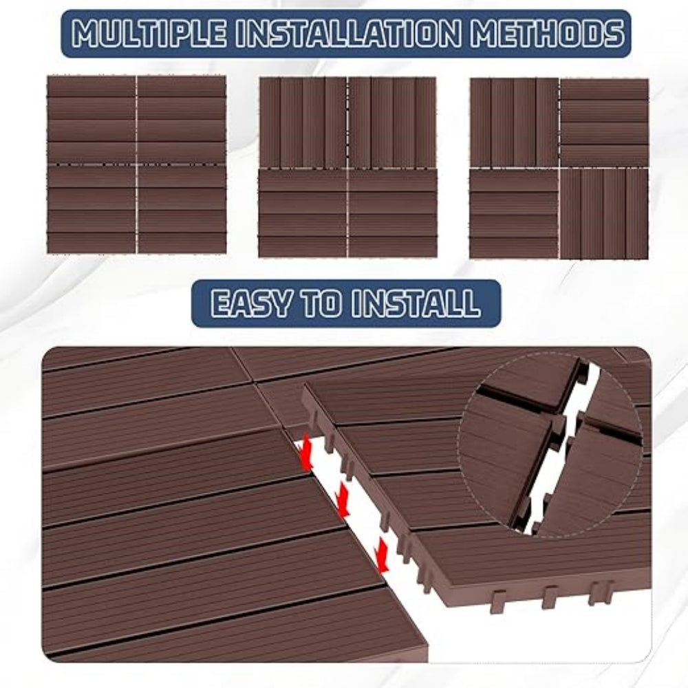 88pcs Dark Brown 11.8"x11.8"(30cmx30cm) Interlocking Deck Tiles - Waterproof, Anti-Slip, All-Weather Patio Flooring for Outdoor and Indoor Use - Smooth Wood-Grain Design Ideal for Courtyards, Balconie