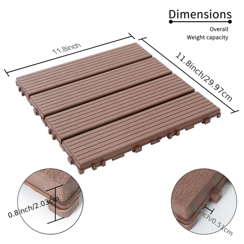 88pcs Straight stripe dark brown 11.8 "x 11.8" (30cmx30cm) interlocking deck plastic tiles four-way locking, non-slip waterproof indoor and outdoor, all-weather terrace tiles, 3D imitation wood grain