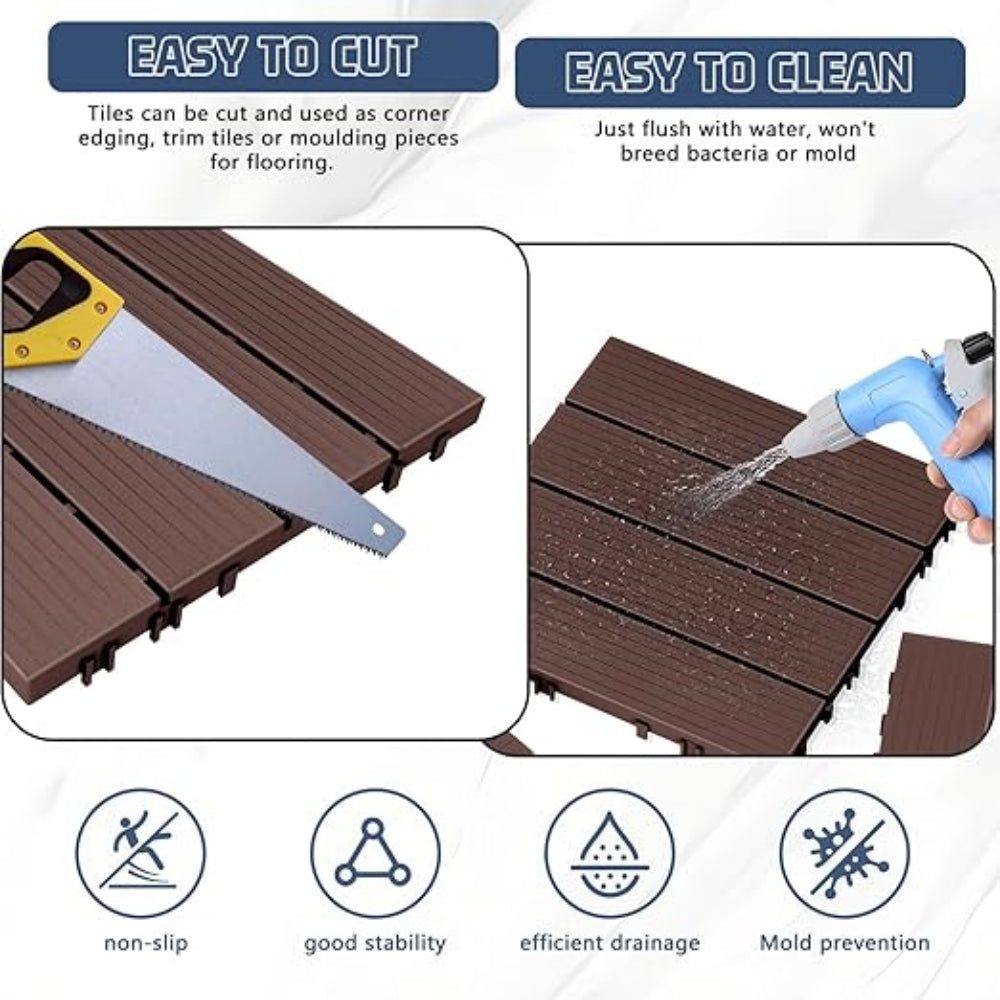 88pcs Straight stripe dark brown 11.8 "x 11.8" (30cmx30cm) interlocking deck plastic tiles four-way locking, non-slip waterproof indoor and outdoor, all-weather terrace tiles, 3D imitation wood grain