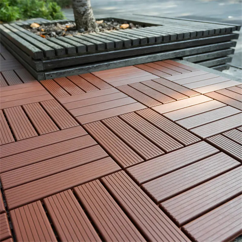 88pcs Straight stripe dark brown 11.8 "x 11.8" (30cmx30cm) interlocking deck plastic tiles four-way locking, non-slip waterproof indoor and outdoor, all-weather terrace tiles, 3D imitation wood grain