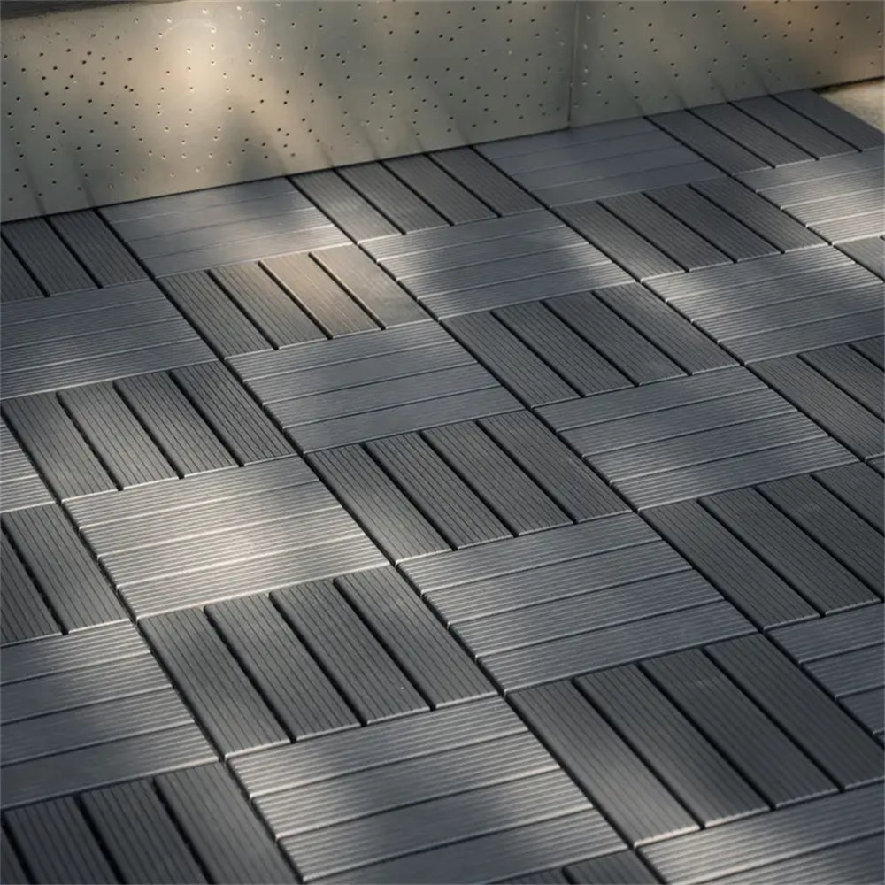 88pcs Straight stripe dark grey 11.8 "x 11.8" (30cmx30cm) interlocking deck plastic tiles, non-slip and waterproof, indoor and outdoor all-day terrace tiles, 3D imitation wood grain, patio, balcony