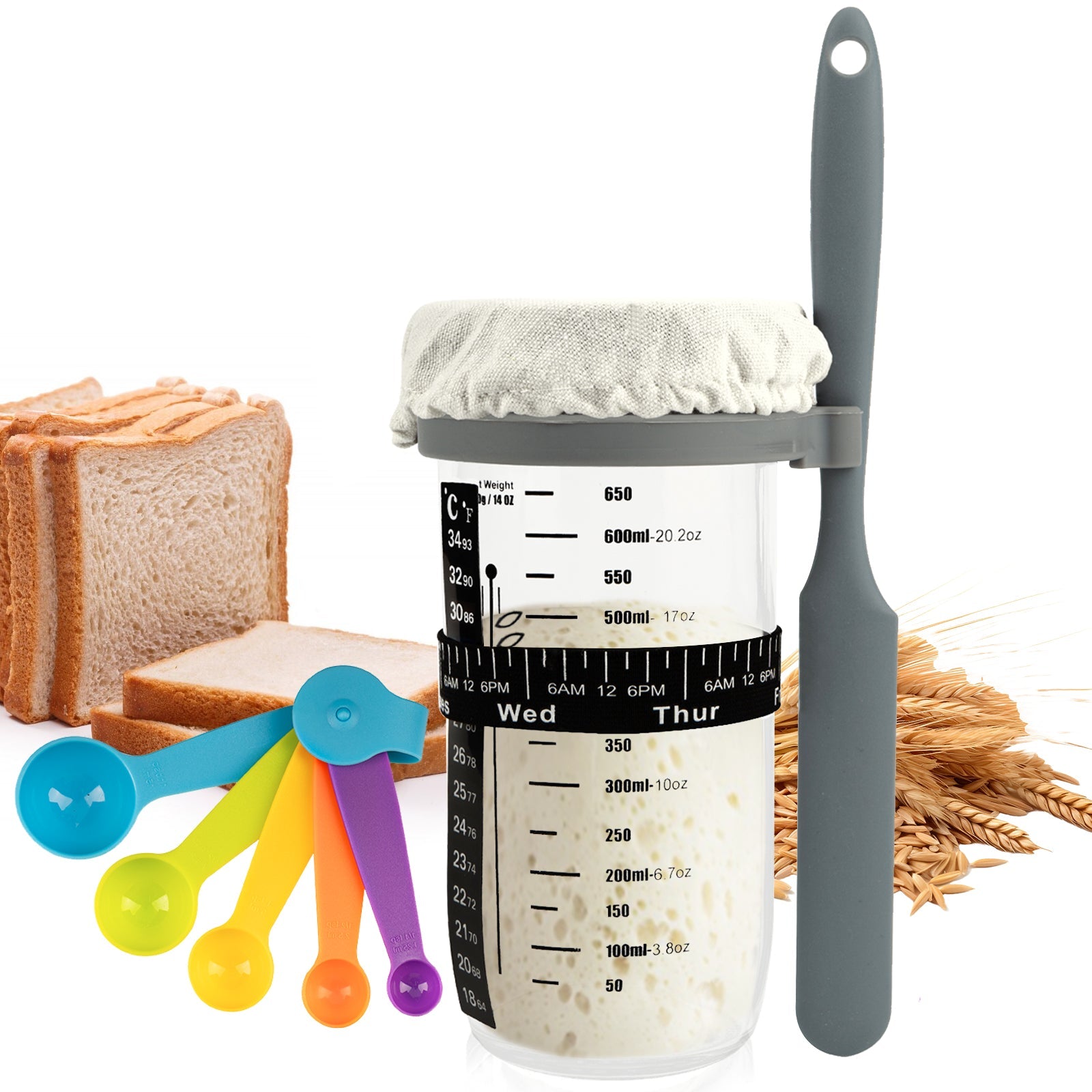 Sourdough Starter Kit with Date Marked Feeding Band, Scraper, Cloth Cover and Plastic Lid, Thermometer【Shipment from FBA】