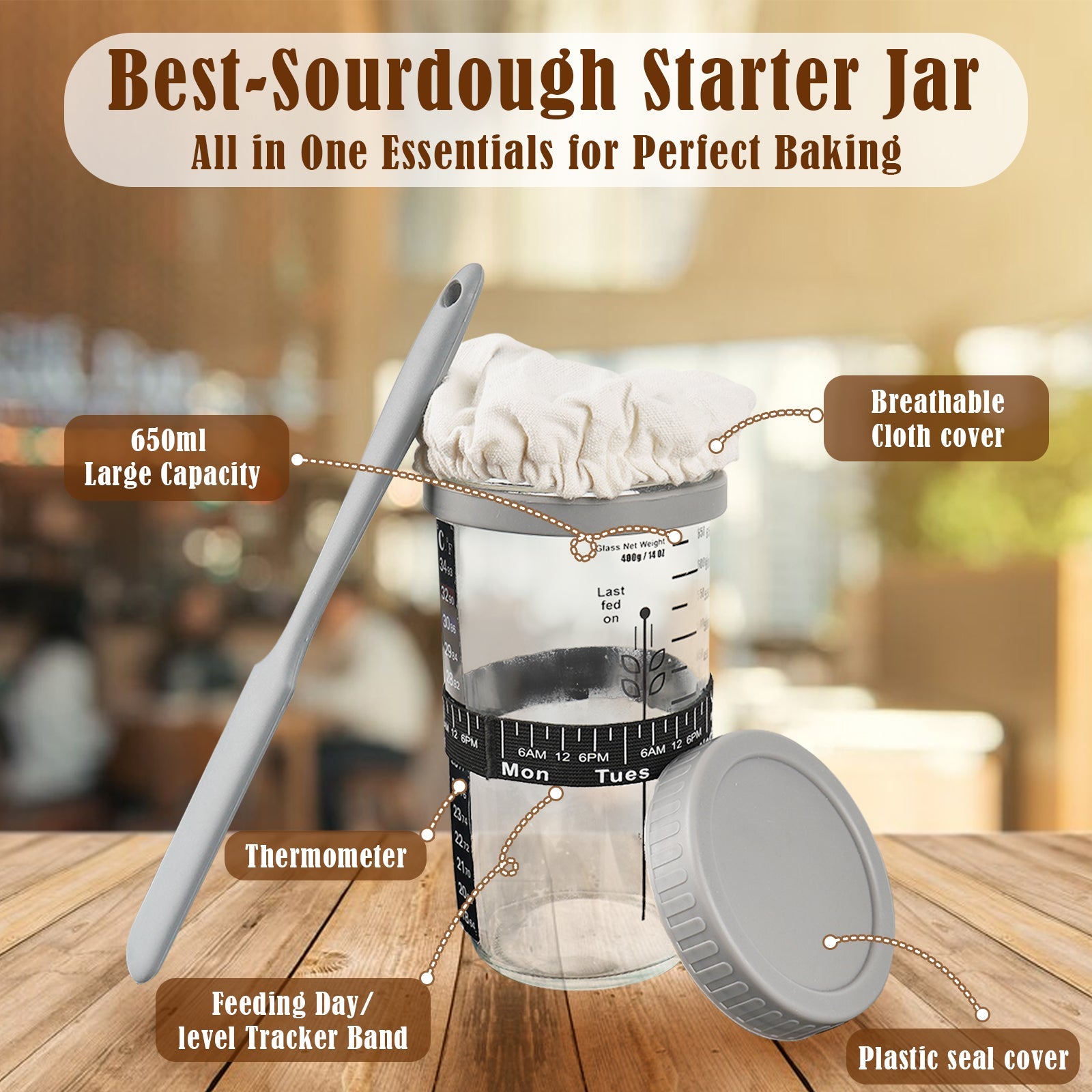 Sourdough Starter Kit with Date Marked Feeding Band, Scraper, Cloth Cover and Plastic Lid, Thermometer【Shipment from FBA】