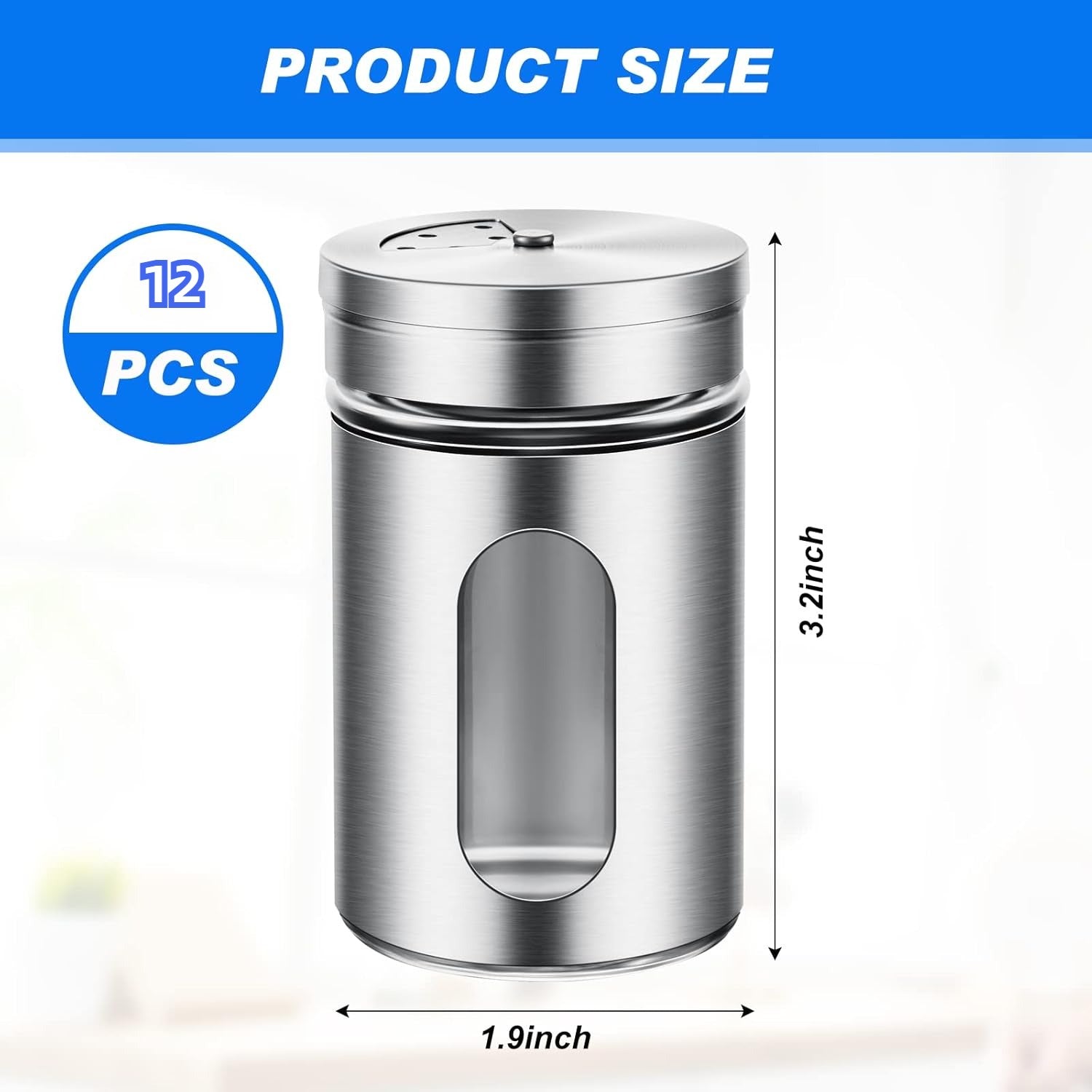 12 Pieces Salt and Pepper Shakers Stainless Steel Spice Shakers with 3 Adjustable Pour Holes, 3.4 oz Salt Dispenser Stainless Steel Spice Jars with Rotating Lids for Sugar Seasoning Home