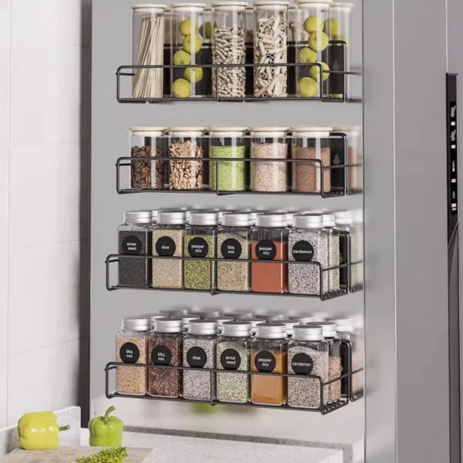 4Pack Strong Magnetic Spice Rack Organizer Fridge Storage Shelf for Jars Seasoning Tins Utensils Space Saver Holder