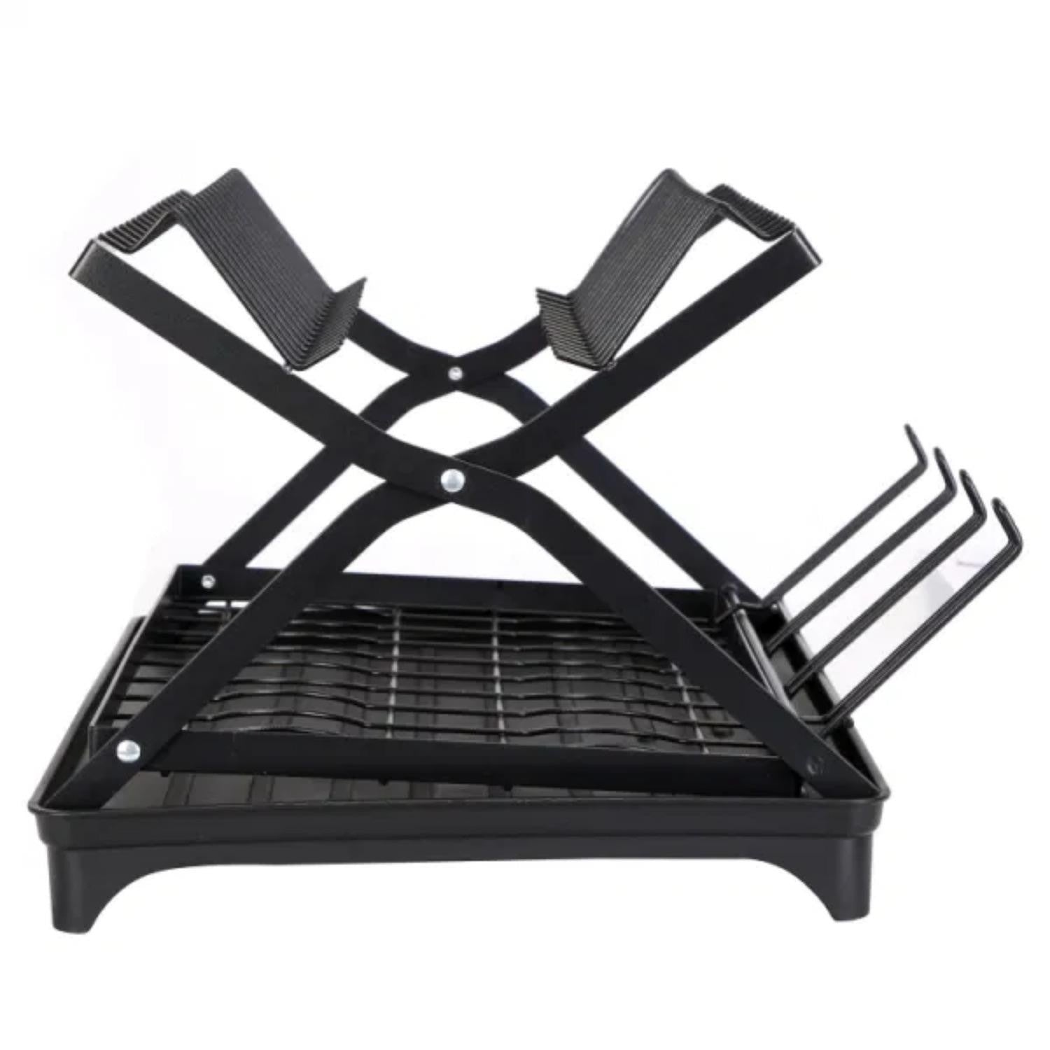 2-layer dish drying rack with bowl, cup, and basin holder, foldable dish drain rack, suitable for kitchen countertops, rust proof utensil rack with drain board, black