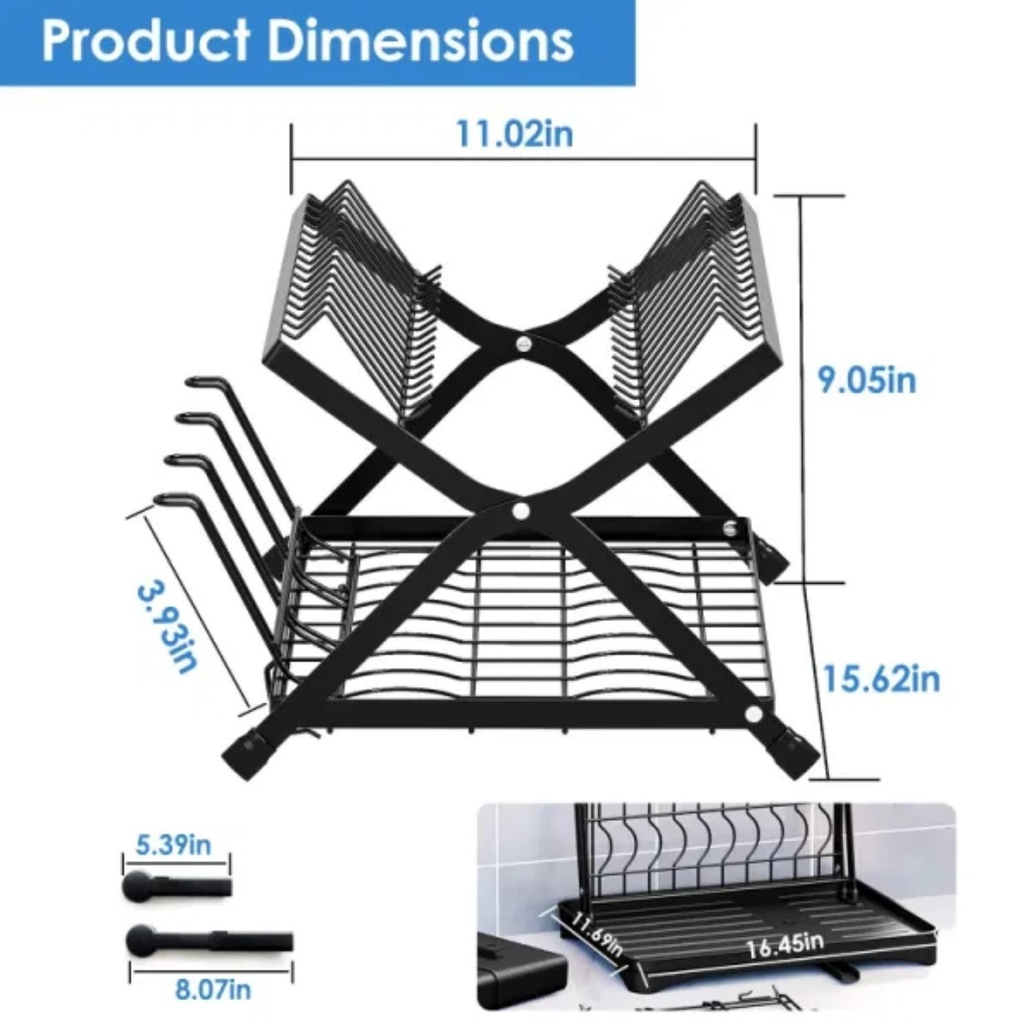 2-layer dish drying rack with bowl, cup, and basin holder, foldable dish drain rack, suitable for kitchen countertops, rust proof utensil rack with drain board, black