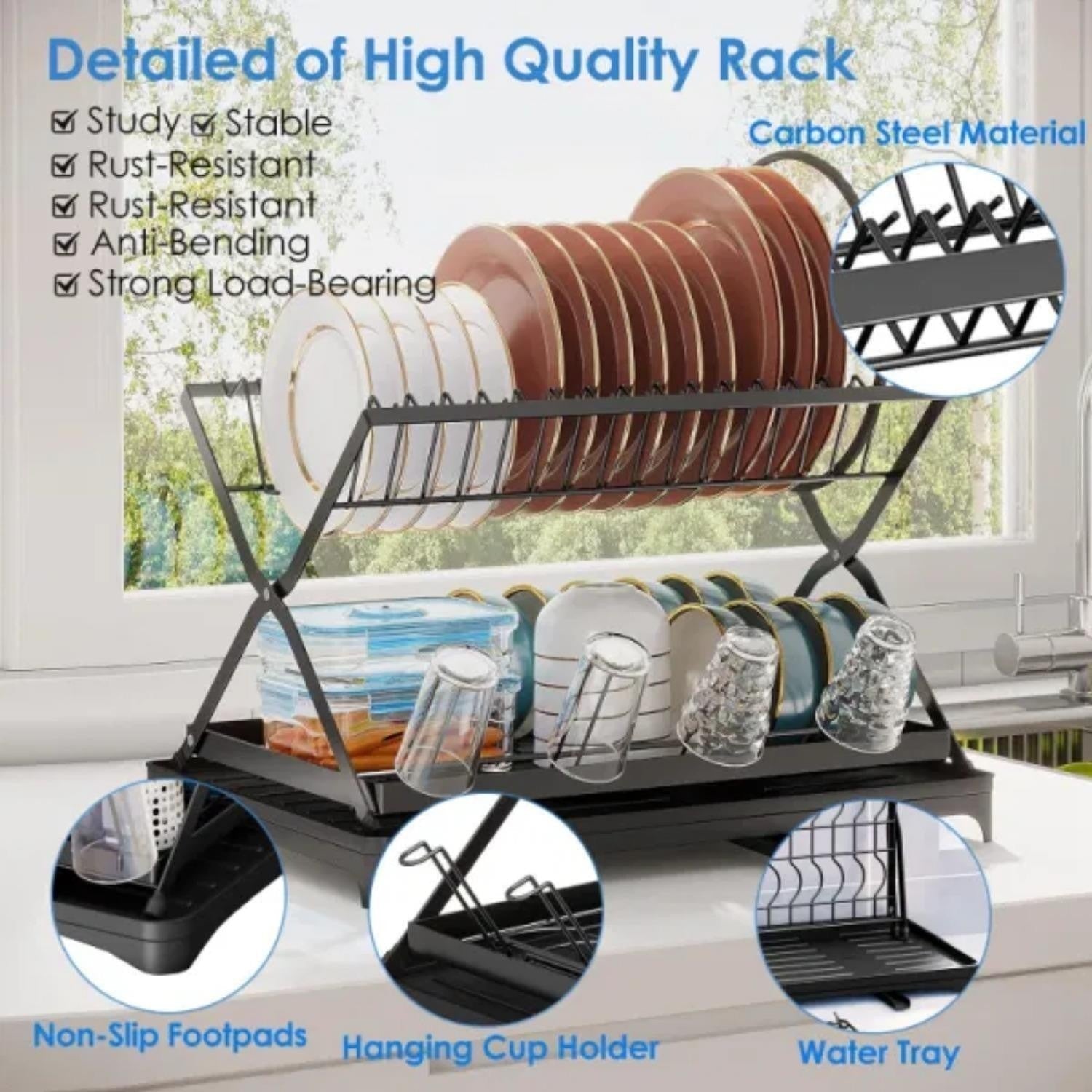 2-layer dish drying rack with bowl, cup, and basin holder, foldable dish drain rack, suitable for kitchen countertops, rust proof utensil rack with drain board, black