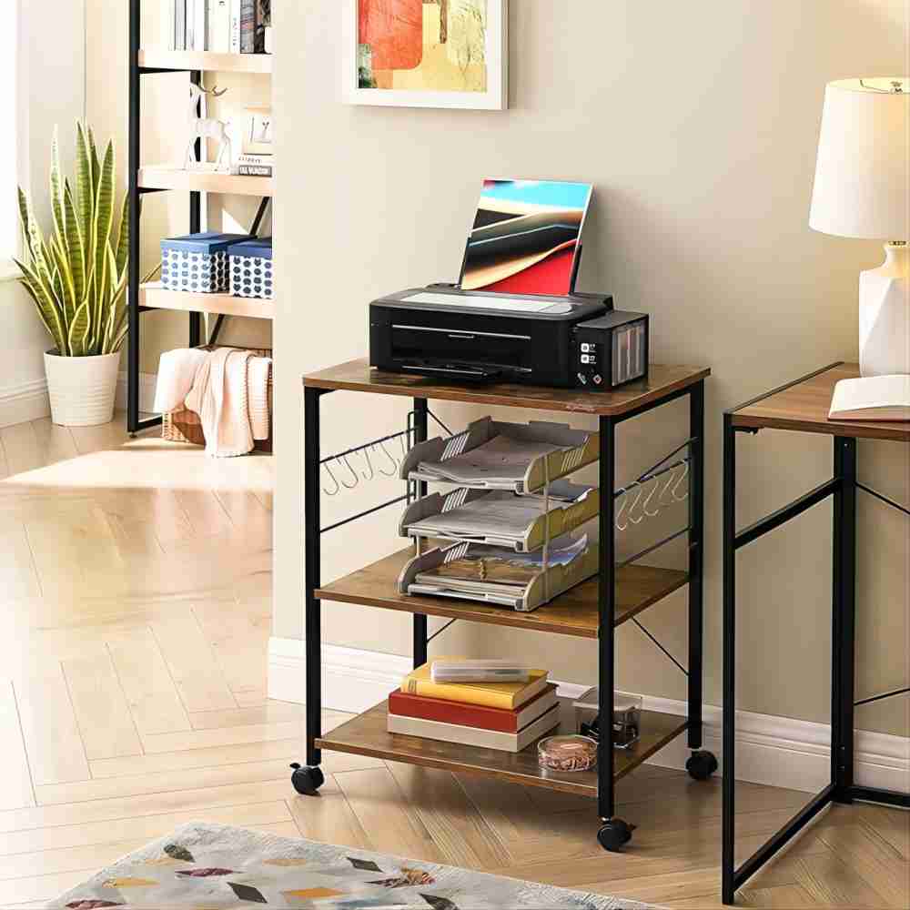 VASAGLE Kitchen Shelf on Wheels, Serving Cart with 3 Shelves, Kitchen Cart, Microwave Shelf, for Mini Oven, Toaster, with 6 Hooks, Industrial Style, Rustic Brown and Black