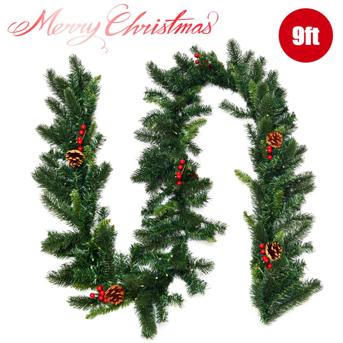 9 Feet Christmas Garland Red Berrieswith LED Lights