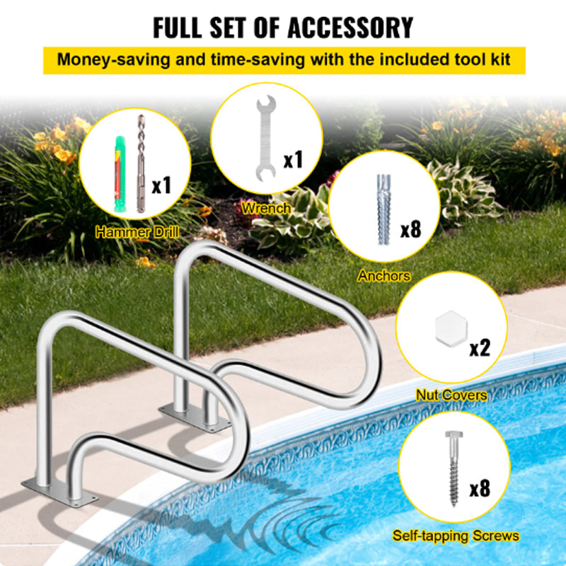 Swimming Pool Stair Rail w/ Mount Base Plate & Complete Mounting Accessories