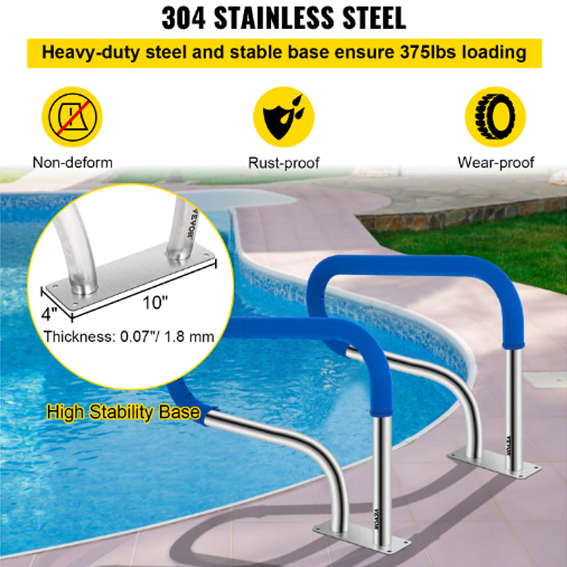 Swimming Pool Stair Rail w/ Mount Base Plate & Complete Mounting Accessories