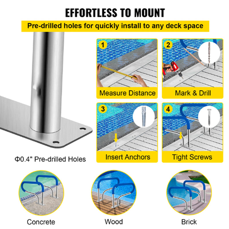 Swimming Pool Stair Rail w/ Mount Base Plate & Complete Mounting Accessories