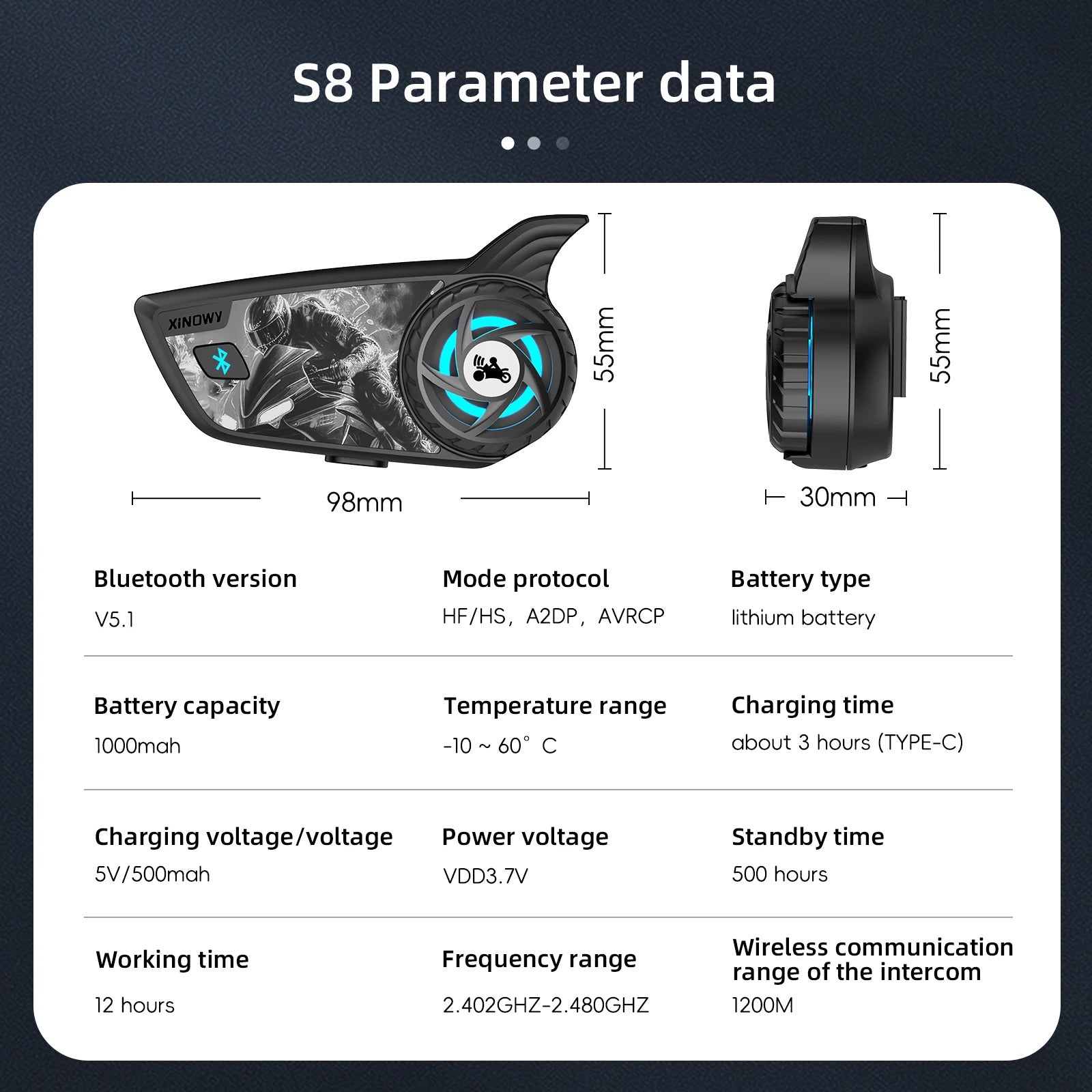 S8 motorcycle Bluetooth helmet intercom distance 1200M rotary button design supports FM