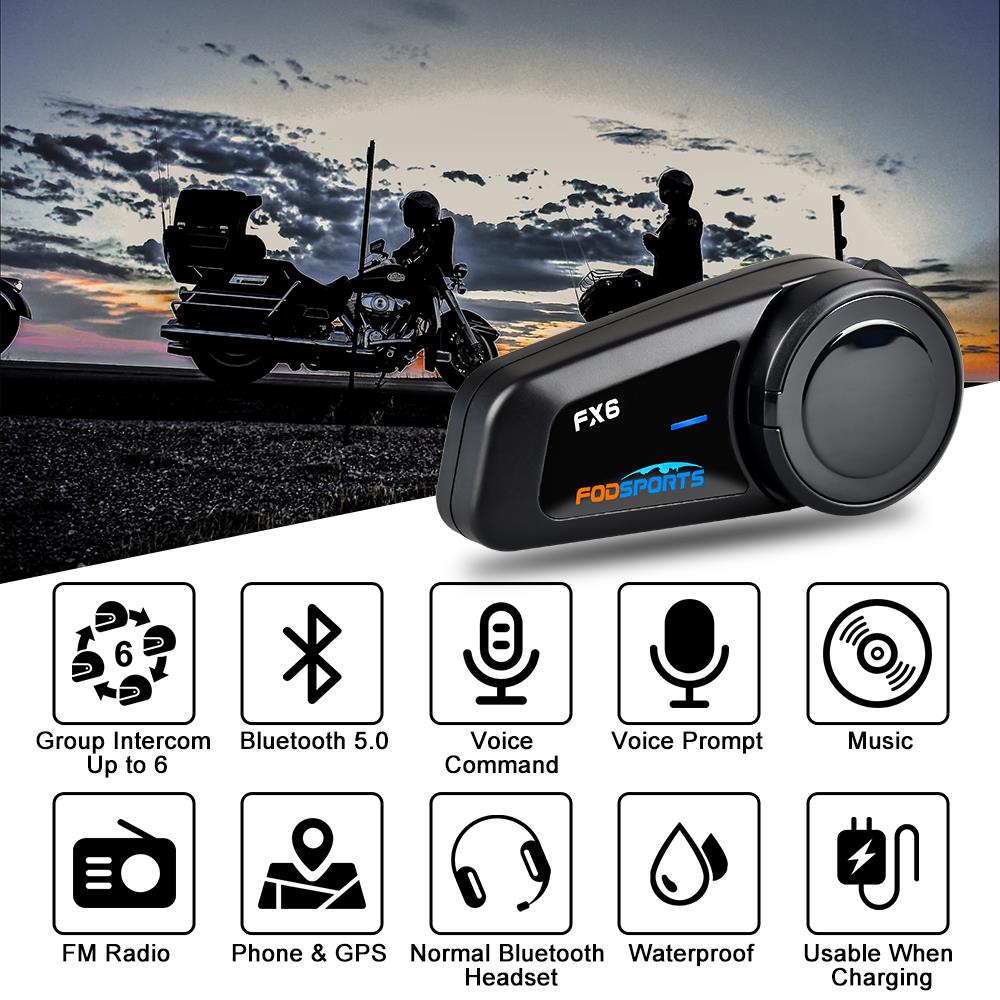 Fx6 Motorcycle Intercom Helmet Bluetooth 5.0 Headset 6 Rider Intercom Waterproof FM Radio