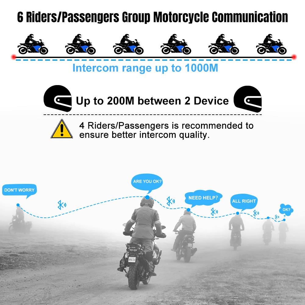 Fx6 Motorcycle Intercom Helmet Bluetooth 5.0 Headset 6 Rider Intercom Waterproof FM Radio